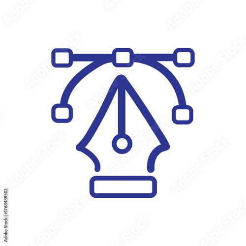Blue line art icon of a fountain pen nib creating a vector Bezier curve path with anchor points.