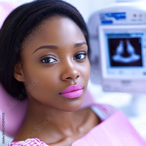 Young woman sits comfortably in a dental chair, looking pleased during her check up