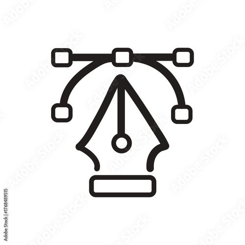 A black line art icon of a fountain pen nib combined with a digital vector Bezier curve tool.