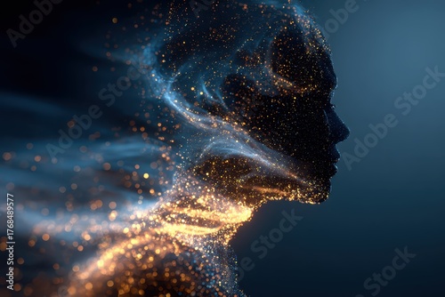 Ephemeral silhouette made of light particles. Dreamlike ethereal form, a profile glowing with light, floating in darkness. Mystical and captivating.