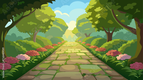 A stone pathway winds through a lush green garden with blooming flowers and trees under a bright sky