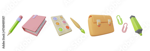 3d school elements. Back to study art brush, education book for paint class, pencil, paper clips and textbook case, cute student stationery. Vector cartoon render isolated icons set
