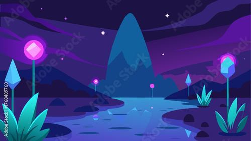Surreal alien landscape with glowing crystals and a mountain under a starry purple sky