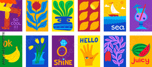 Retro posters. Summer fruit cocktail, vintage lemon and flower prints. For funky, hipster interior tropical wall. Abstract kids background, party cards or print design. Vector cartoon set