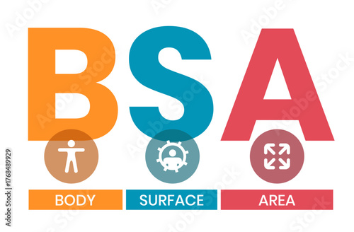 BSA - Body Surface Area acronym. business concept background. vector illustration concept with keywords and icons. lettering illustration with icons for web banner, flyer