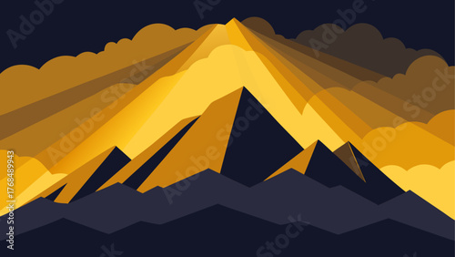Stylized mountain range illuminated by golden sun rays breaking through clouds