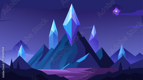 Surreal alien landscape with glowing crystal mountains and a purple river