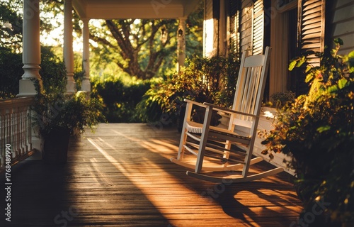 Peaceful porch with rocking chair bathed in warm golden sunlight