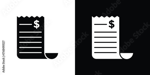 paper check receipt icon in solid silhouette set. Vector Illustration.