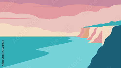 Abstract coastal landscape with pink clouds and turquoise sea