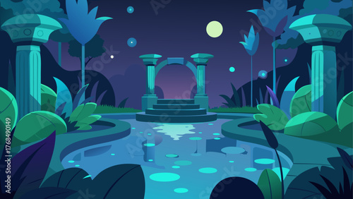 Enchanting night garden with ancient ruins and glowing water