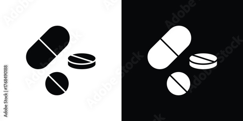 Painkiller pills icon in solid silhouette set. Vector Illustration.