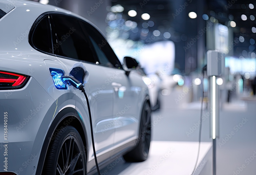 Fototapeta premium White electric SUV charging with blue light at station