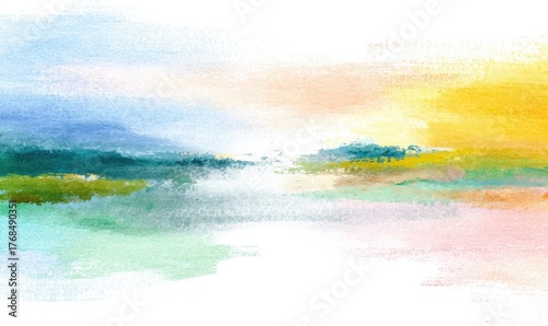 Soft watercolor strokes create a serene, abstract landscape in pastel hues