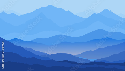 Serene blue mountain layers landscape with a distant river