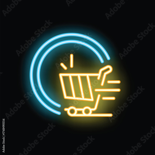 Neon shopping cart icon is racing against time, symbolizing fast delivery service