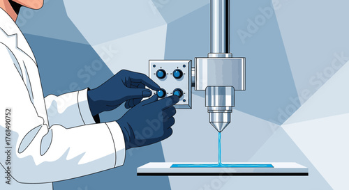 Scientist operating precision equipment for 3d printing or biomedical research, illustration,