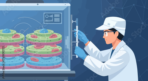 Scientist observing cell culture growth in incubator for medical research and development