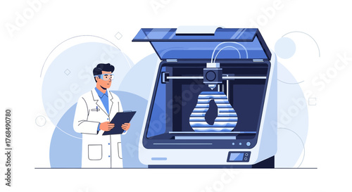 Scientist overseeing 3D printer creating complex medical implant for patients