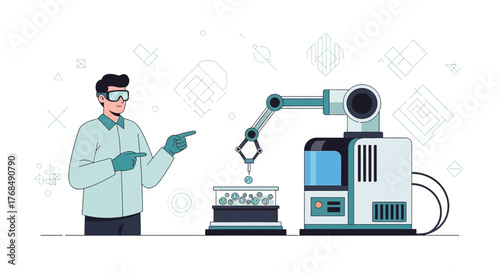 Scientist overseeing automated process with robotic arm in advanced manufacturing setting