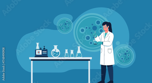 Scientist working in a laboratory with flasks and petri dishes, conducting research and