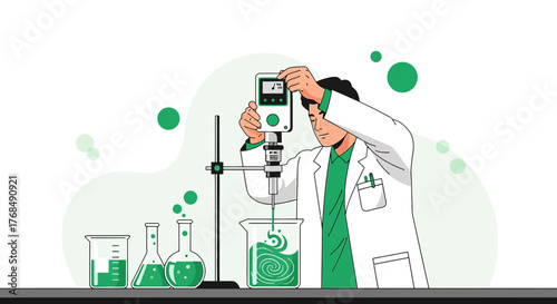 Scientist working on a chemical experiment in a laboratory with glassware and equipment used for