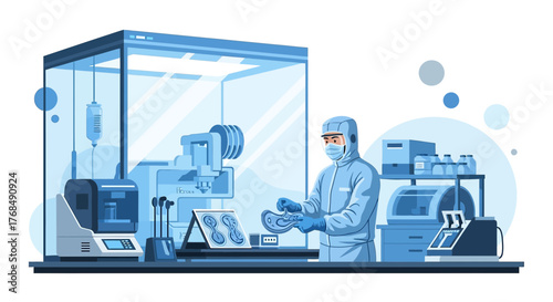 Scientist working in clean room laboratory with advanced medical equipment design