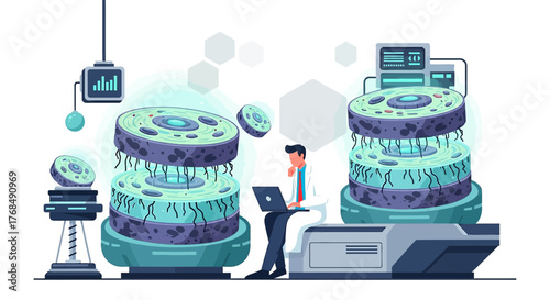 Scientist working with advanced plant cell technology in a futuristic laboratory setting
