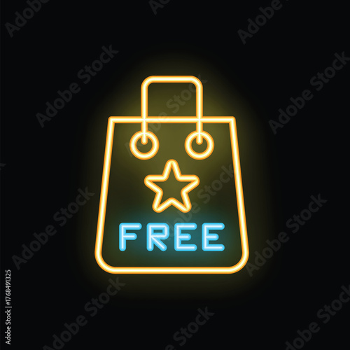 Neon shopping bag offering free products with a star sign on black background