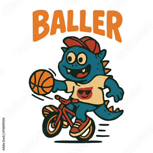 Baller T-shirt design, A funny cartoon monster playing basketball on a unicycle vector illustration.