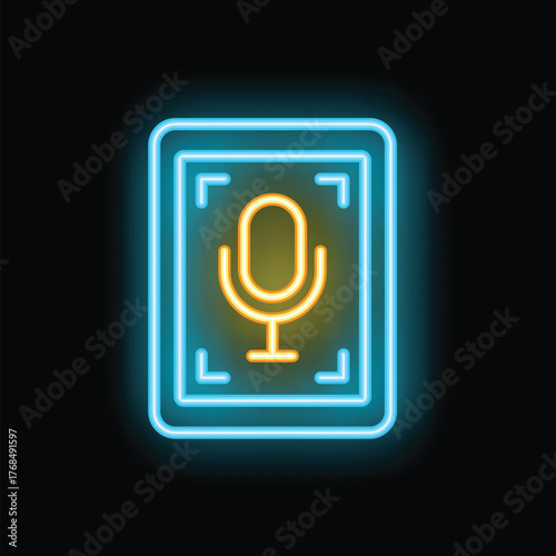 Glowing neon line mobile recording icon isolated on black background. Mobile phone with microphone. Voice recorder app smartphone interface. Vector
