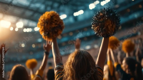 A stadium scene, cheerleaders wave pom-poms, audience's cheering, light and cheering