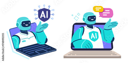 AI online support. Laptop with robot assistant. Artificial intelligence technology concept