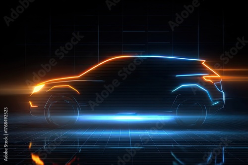 Abstract neon outline of a modern crossover vehicle on dark grid