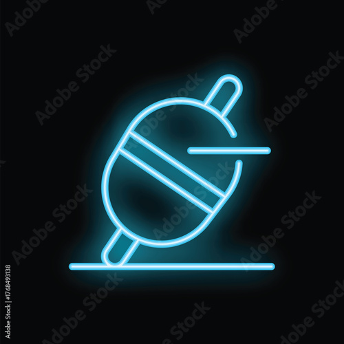 Blue neon icon of a float fishing bobber glowing on a black background