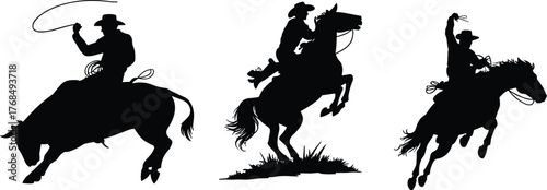 Cowboy silhouette, rodeo action, bull riding pose, horse rearing, lasso trick, western sport, vector illustration, black graphic, ranch culture, performance artCowboy silhouette,