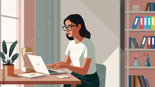Professional Woman Working on Laptop at Office Desk - Flat Vector Illustration. Flat Design Illustration: Female Entrepreneur Working from Home (WFH)