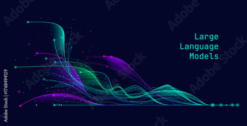 Illustration of abstract stream, AI brain concept. Artificial intelligence. Big data, technology, AI, data transfer, data flow, large language model, generative AI, LLM, NLP. NLG	