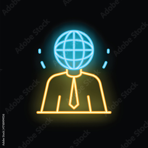 Neon sign of a businessman character having a globe instead of his head, representing global business