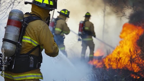 A firefighter holding a fire extinguisher in front of a burning fire
