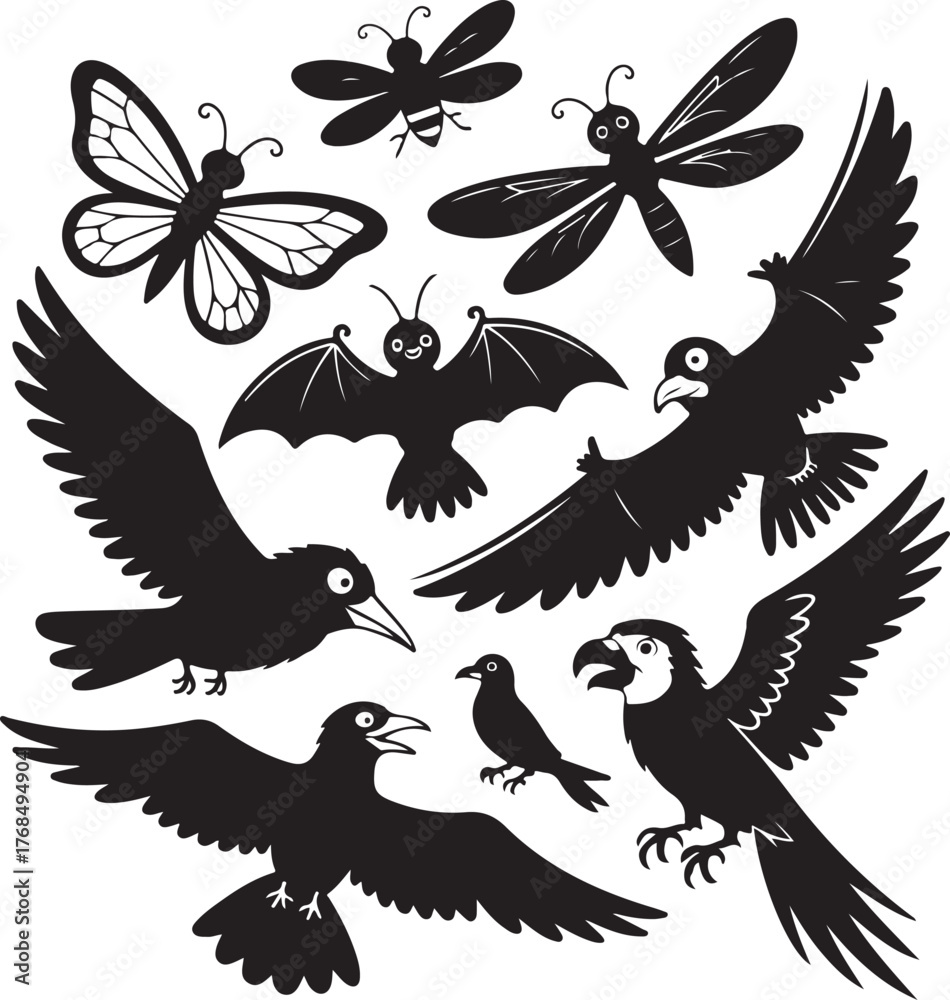 Obraz premium Black silhouette collection of flying birds insects and bat vector