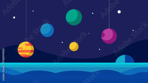 Colorful planets hanging in a starry night sky over a blue landscape