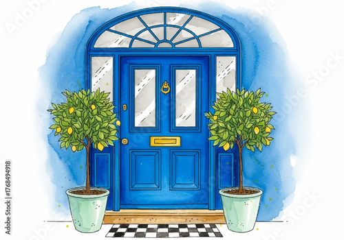 Vibrant blue front door with potted lemon trees, rendered in a charming watercolor illustration, evoking a welcoming and elegant home entrance