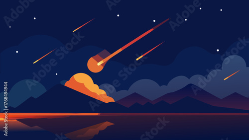 Vibrant meteor shower over a serene mountain landscape reflected in water