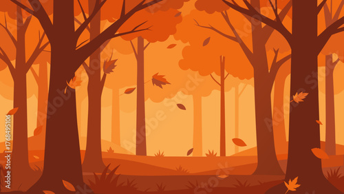Stylized autumn forest scene with falling leaves in warm orange hues