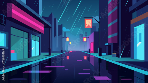 Neon city street at night with rain and reflections on wet pavement