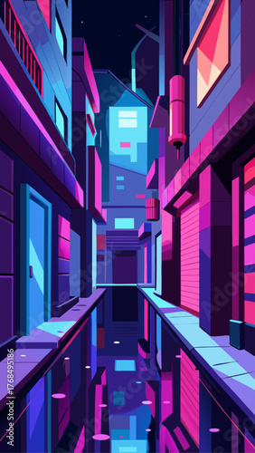 Neon city alleyway at night with reflections in water