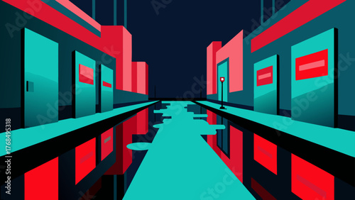 Abstract city street at night with reflections in water and neon lights