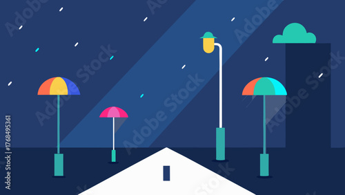 Colorful umbrellas and street lamp on a rainy night with a dark blue sky