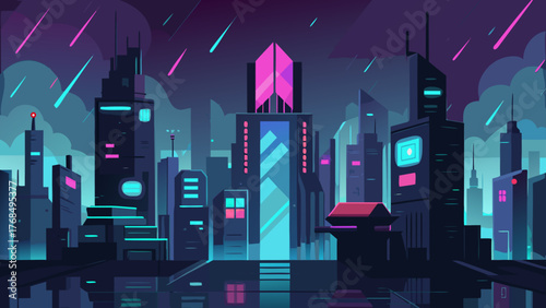 Futuristic cityscape with neon lights and falling stars at night